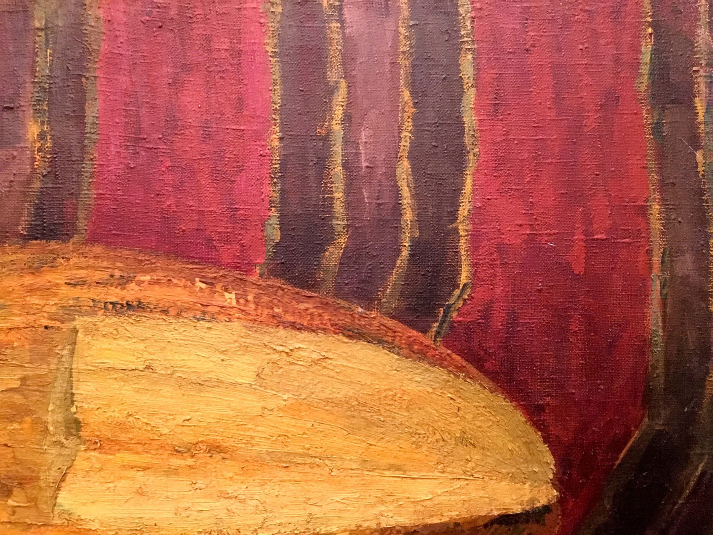Oil painting Still life with melon, textured golden-brown back on red purple stripes