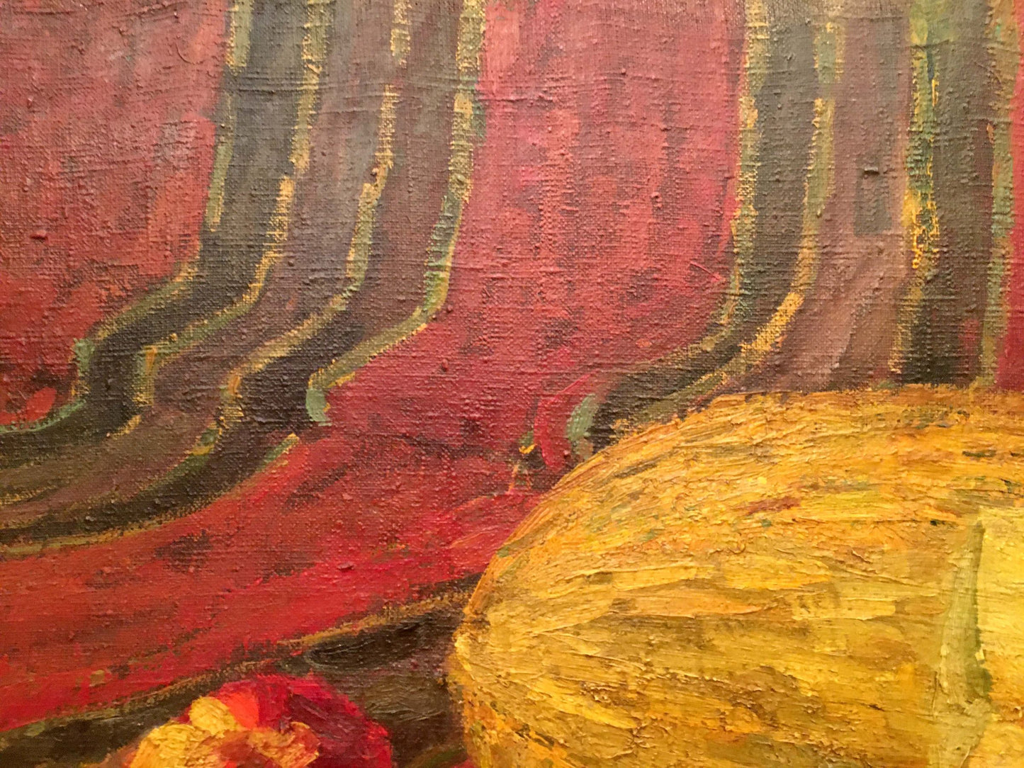 Vibrant red gold abstract oil painting Still life with melon bold brushstrokes