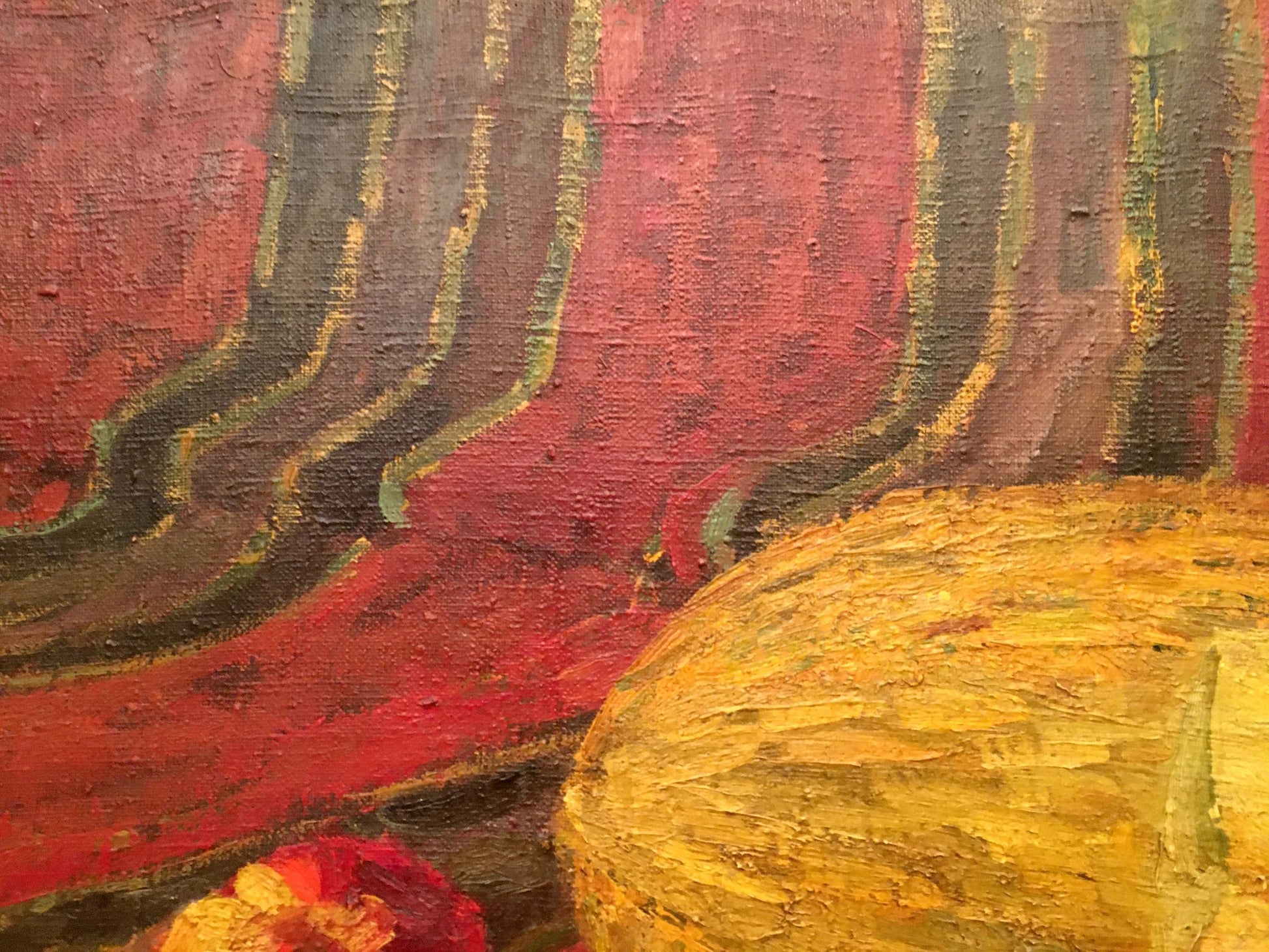 Vibrant red gold abstract oil painting Still life with melon bold brushstrokes