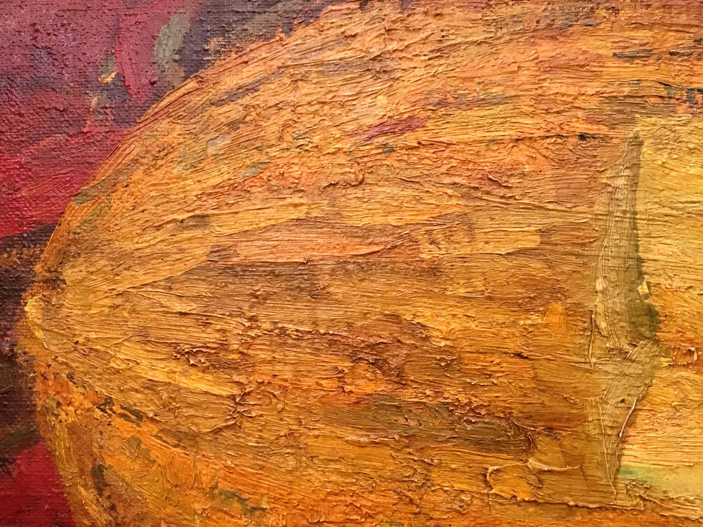 Oil painting still life with melon: textured orange yellow sphere