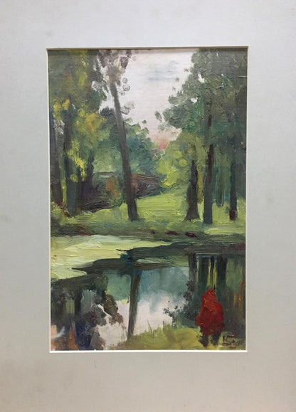 Oil painting Pond by Fedir Zotykovych Konovalyuk, vibrant red figure by pond