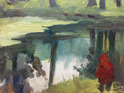 Oil painting Pond by Fedir Zotykovych Konovalyuk with red hooded figure