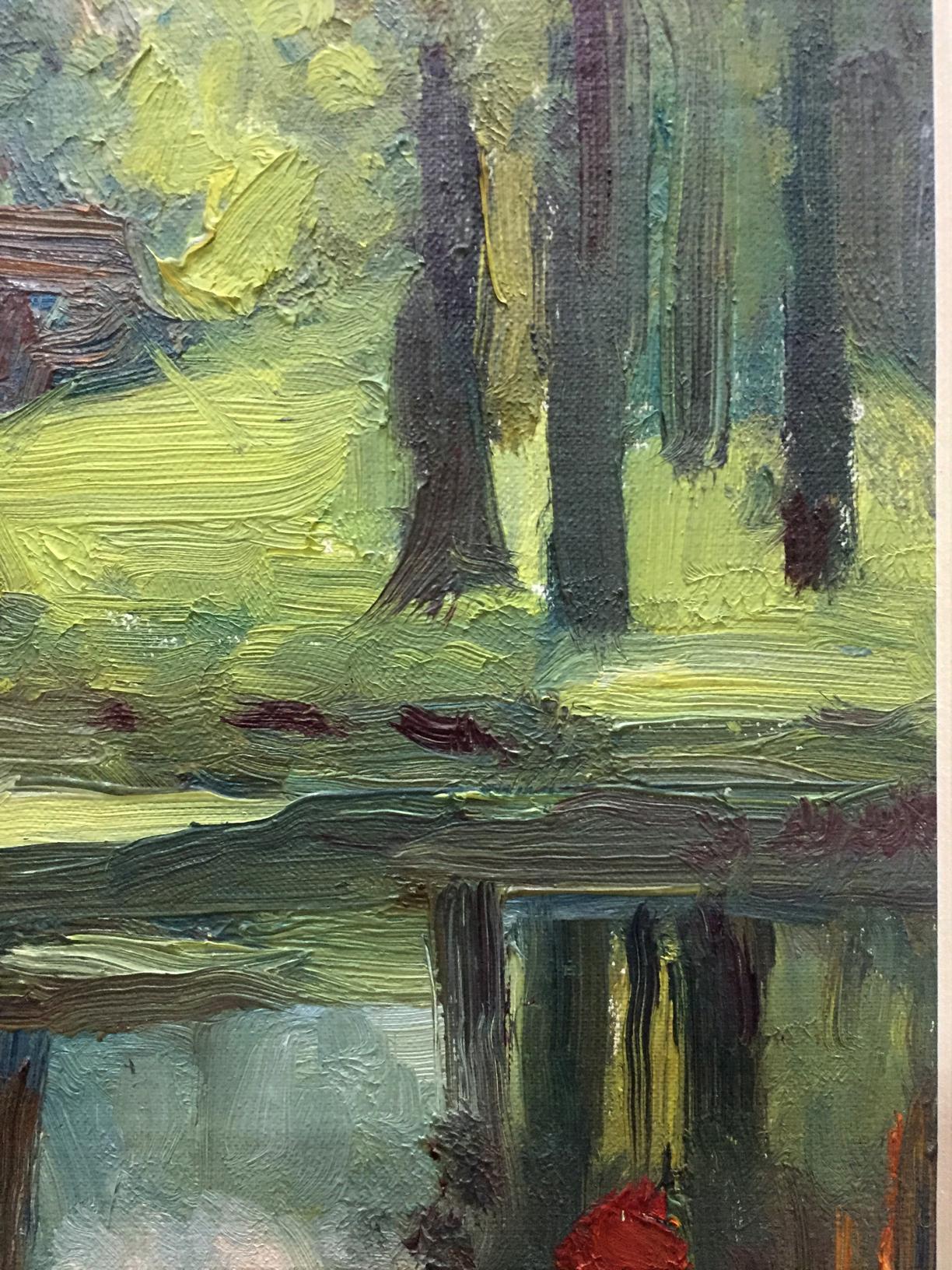 Oil painting Pond by Fedir Zotykovych Konovalyuk: dark trees on green landscape