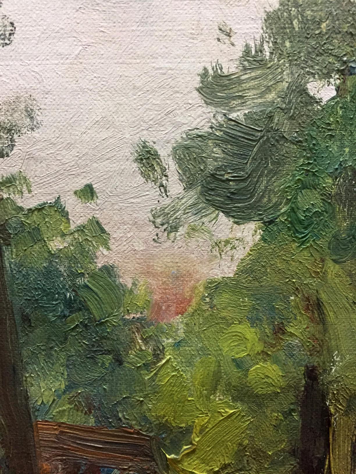 Oil painting Pond by Fedir Zotykovych Konovalyuk with lush green trees