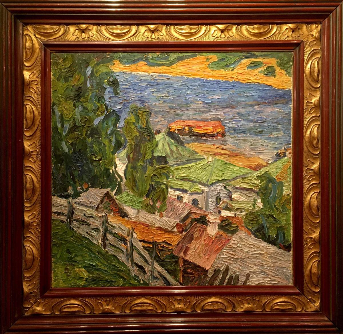 Oil painting by Burlyuk D.D. of coastal village in gold wood frame