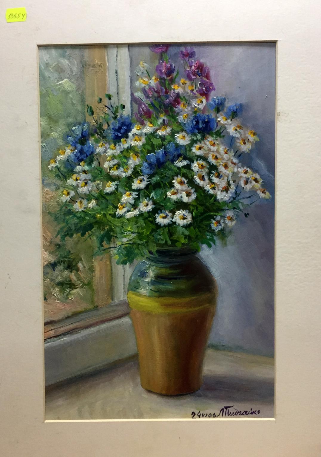 Double oil painting of daisies by Pidgayko Lev Sergeevich in ceramic vase