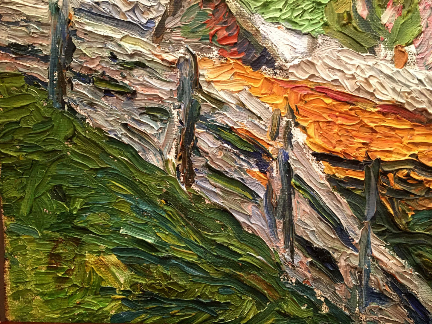 Oil painting by Burlyuk D.D. with green hills and orange sunset