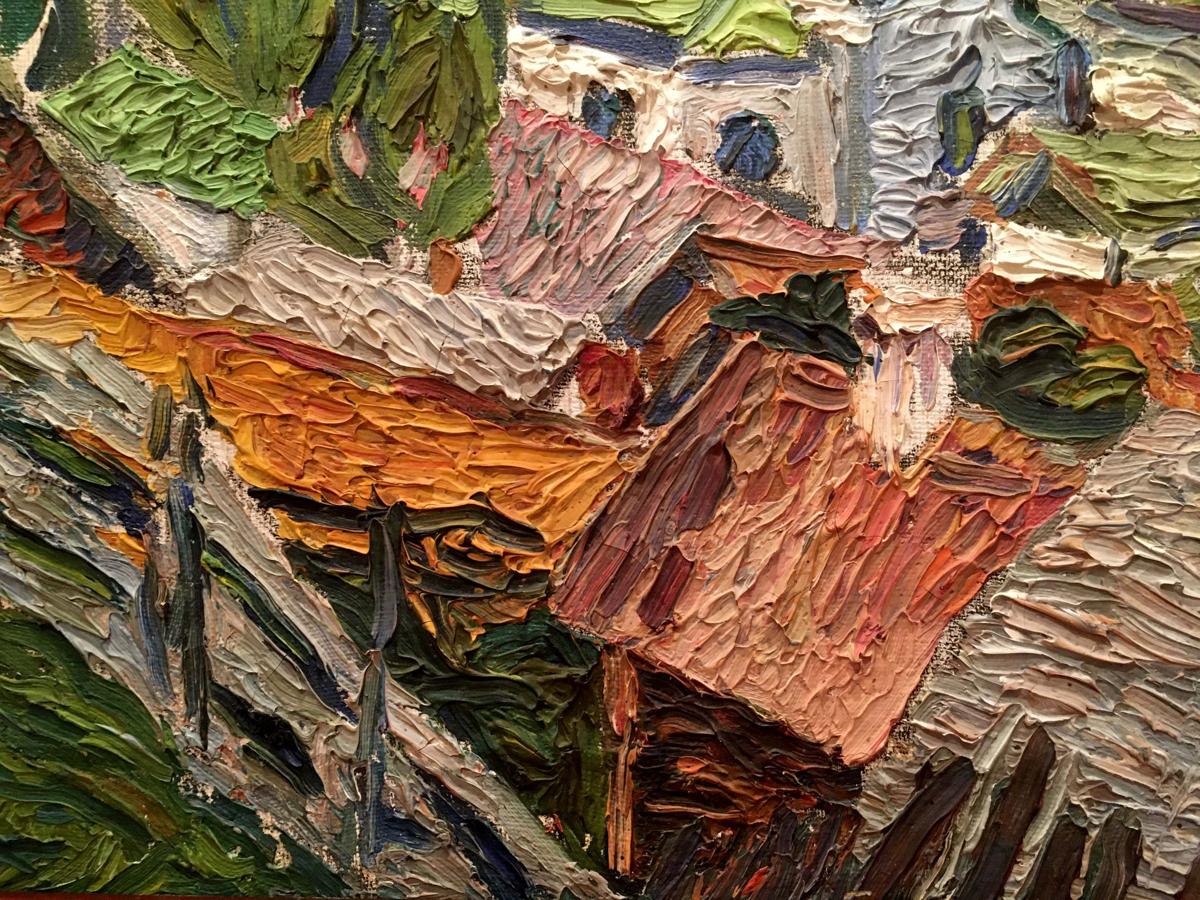 Impasto oil painting by Burlyuk D.D. of village city landscape