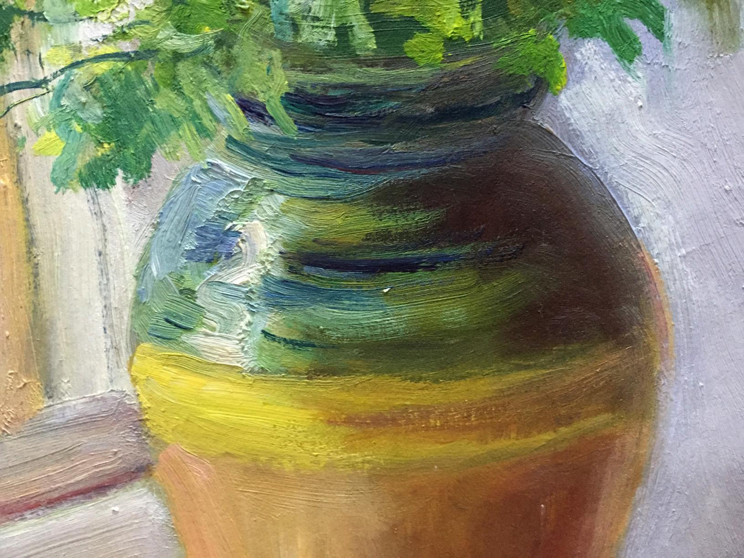 Double oil painting Daisies Pidgayko Lev Sergeevich painted ceramic vase with green-yellow to orange gradient