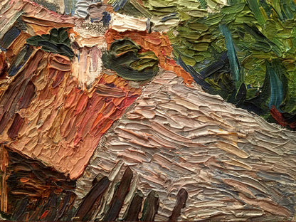 Textured oil painting of city landscape by Burlyuk D. D. in earthy tones