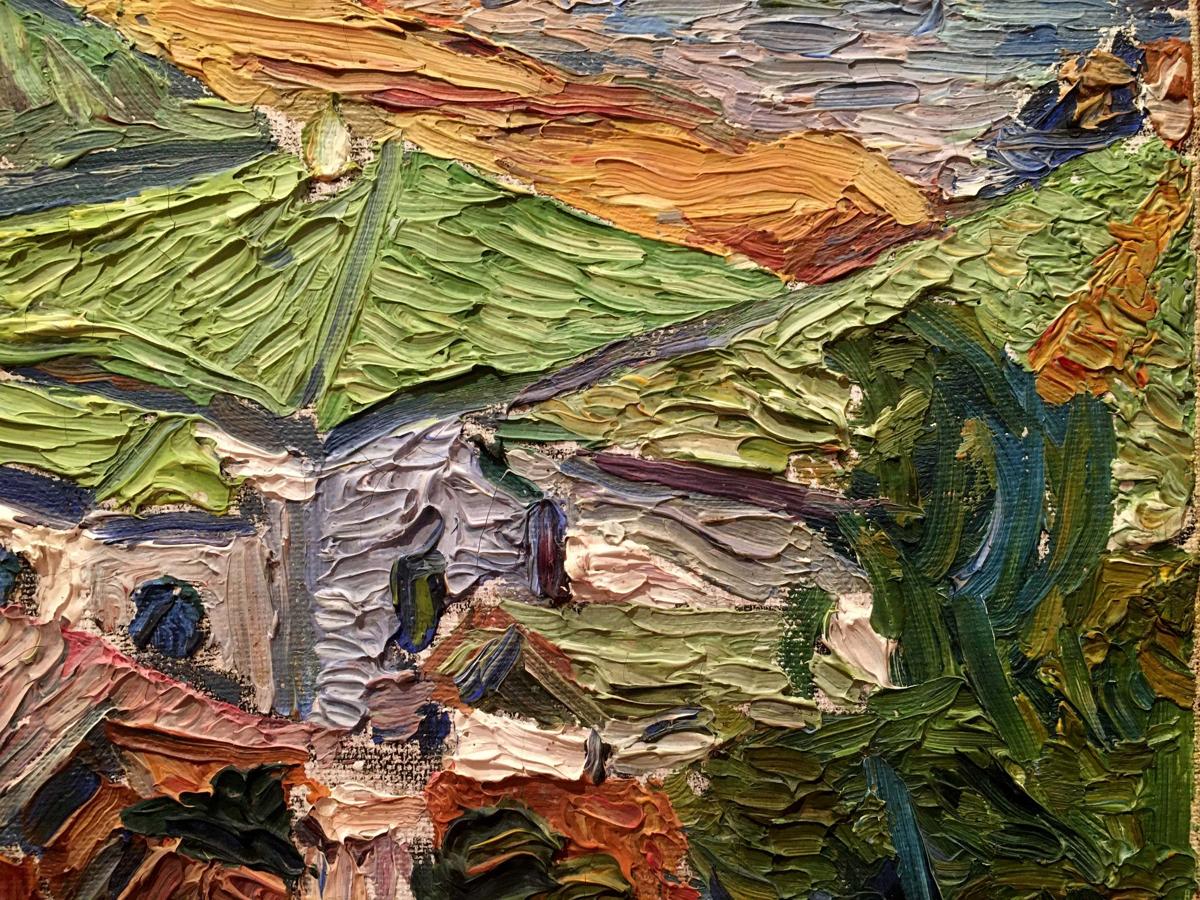 Oil painting by Burlyuk D.D.: vibrant green hills, orange-blue sky, rustic building