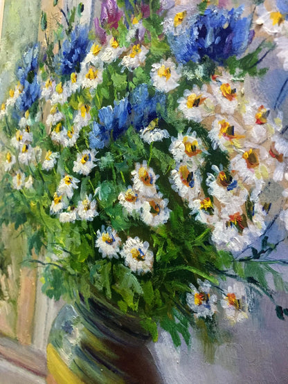Vibrant double oil painting by Pidgayko Lev Sergeevich: daisies in ornate vase