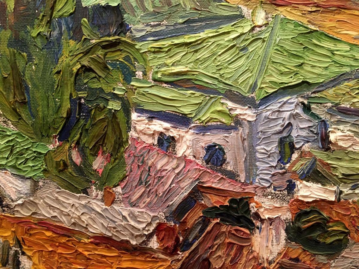 Oil painting of city landscape by Burlyuk D.D. in textured green earth tones