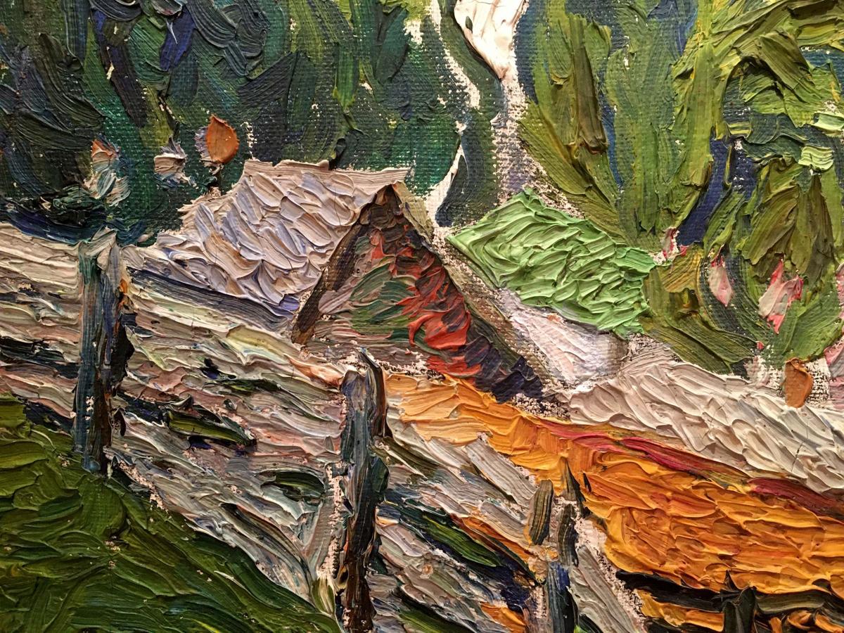 Textured oil painting of rustic fence by Burlyuk D.D. in earthy tones
