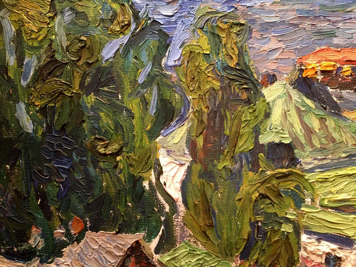 Textured oil painting of lush green trees by Burlyuk D.D., impasto brushstrokes
