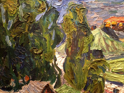 Textured oil painting of lush green trees by Burlyuk D.D., impasto brushstrokes