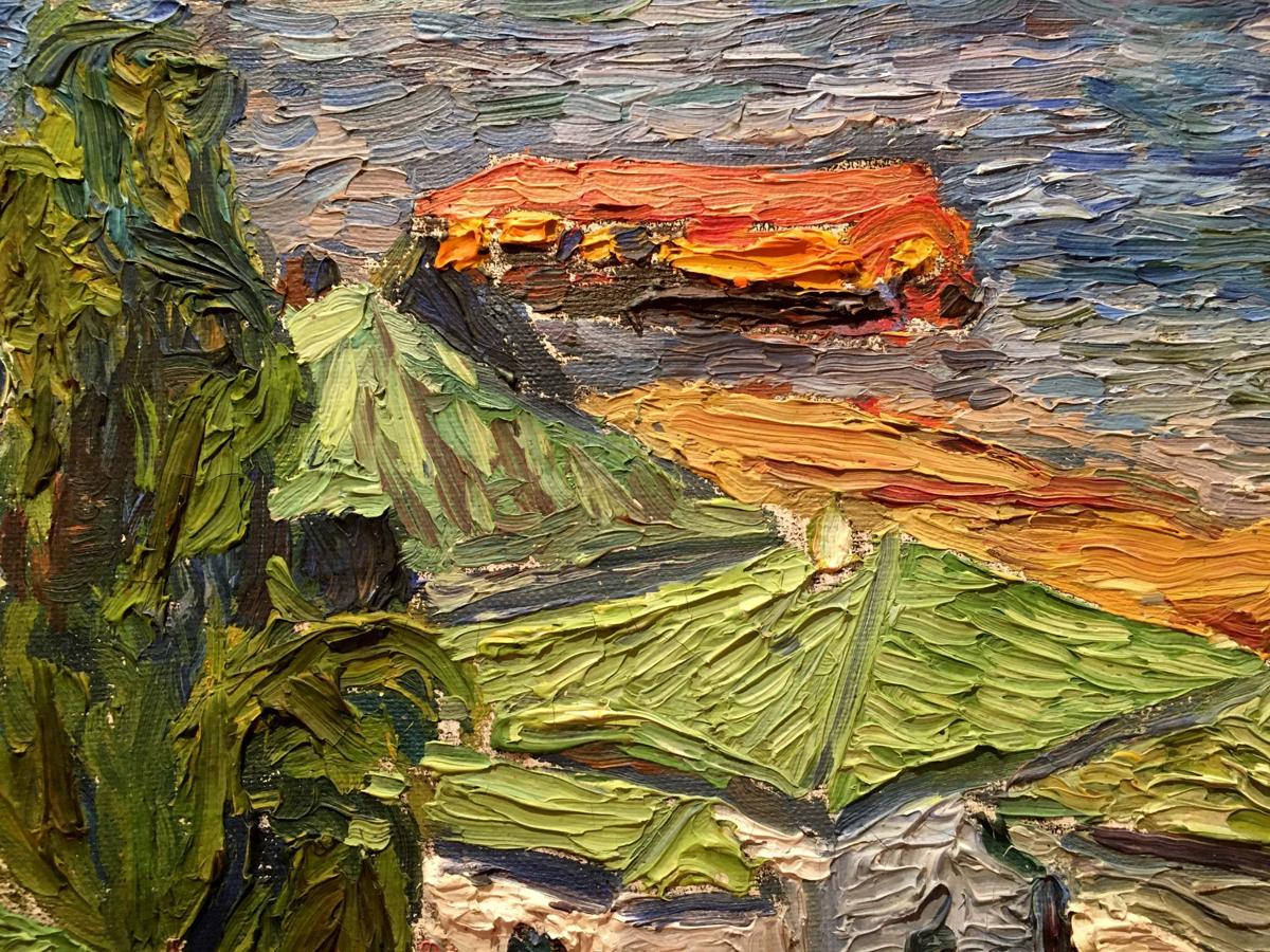 Oil painting by Burlyuk D.D.: vibrant green foliage, orange city landscape