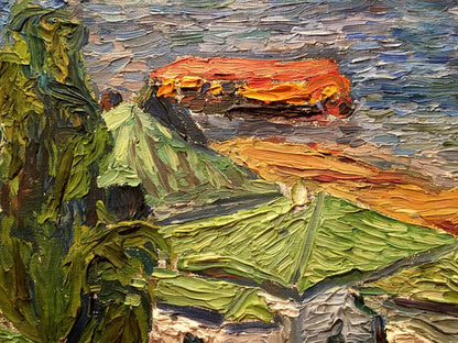 Oil painting by Burlyuk D.D.: vibrant green foliage, orange city landscape