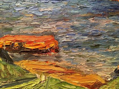 Textured impasto oil painting of city landscape by Burlyuk D. D. in orange and green
