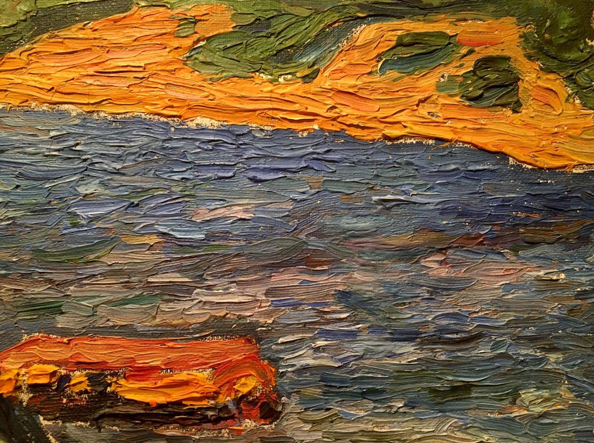 Oil painting by Burlyuk D.D.: vibrant orange green city landscape impasto