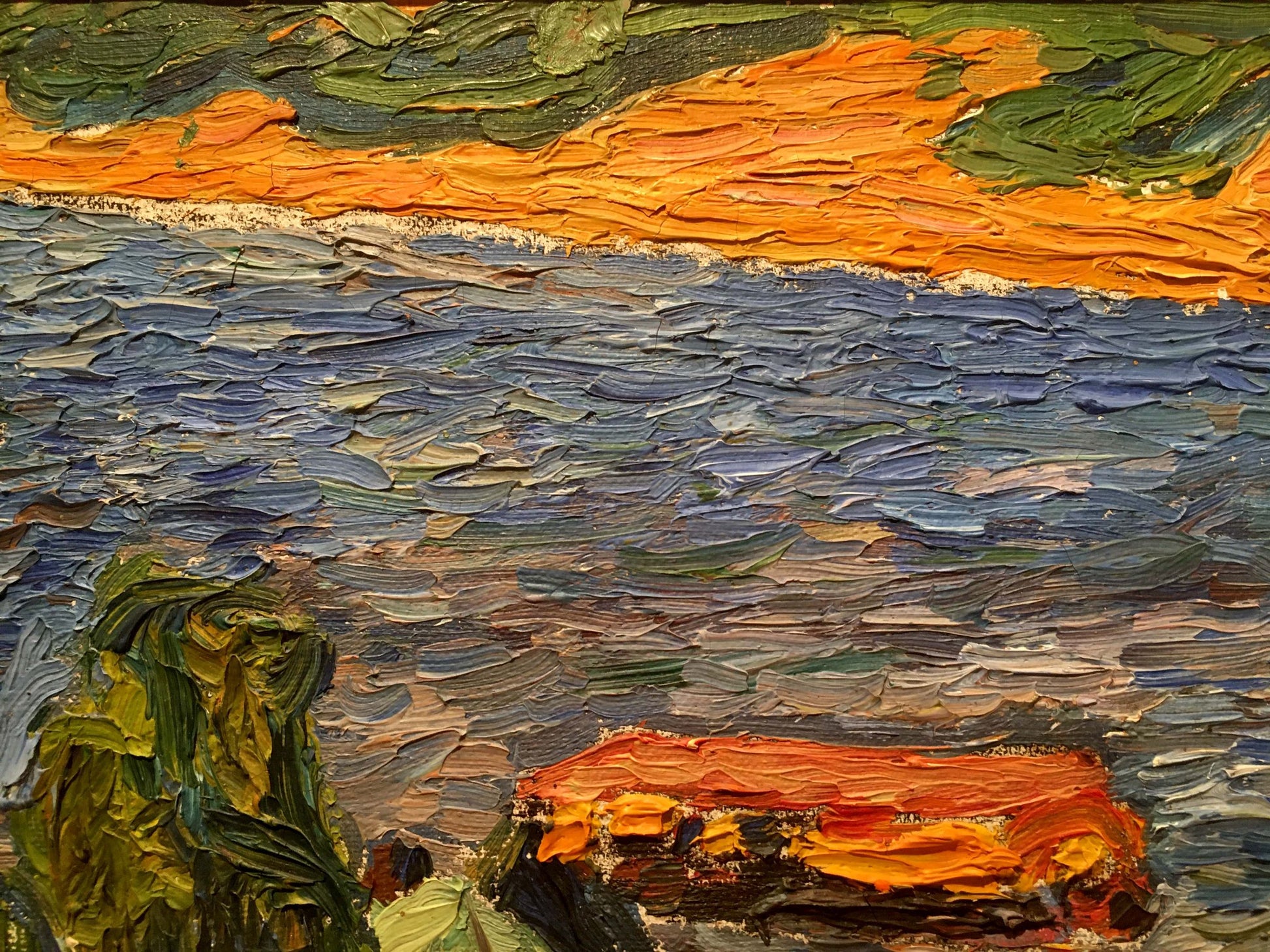 Vibrant Burlyuk D.D. oil painting of city landscape with orange-green sky over choppy blue water