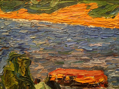 Vibrant Burlyuk D.D. oil painting of city landscape with orange-green sky over choppy blue water