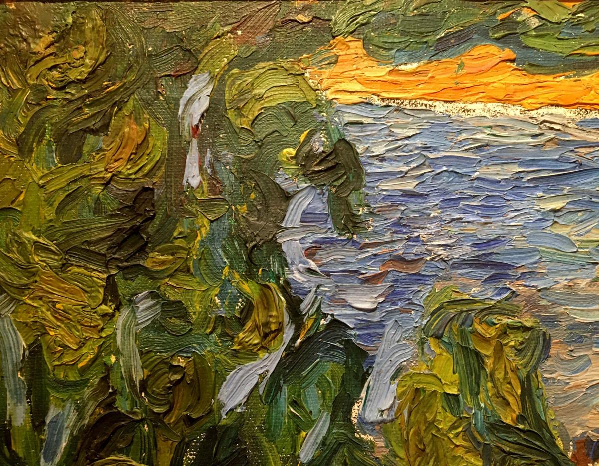 Oil painting by Burlyuk D.D.: green foliage, blue river under orange sky