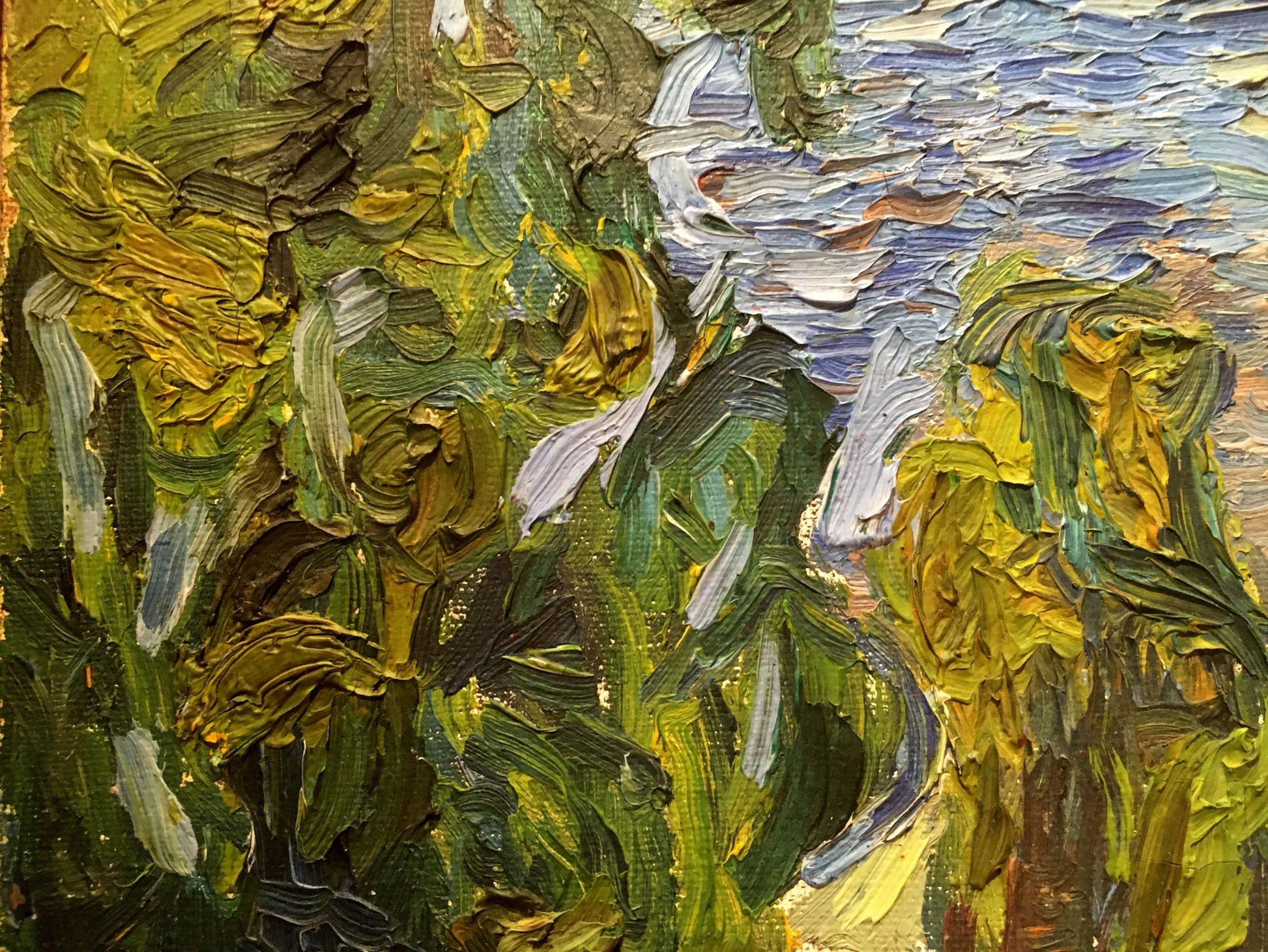Textured impressionistic sunflowers painting by Burlyuk D. D. in vibrant yellows