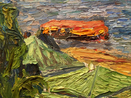 Vibrant orange-red boat in impasto oil painting by Burlyuk D.D. on choppy sea
