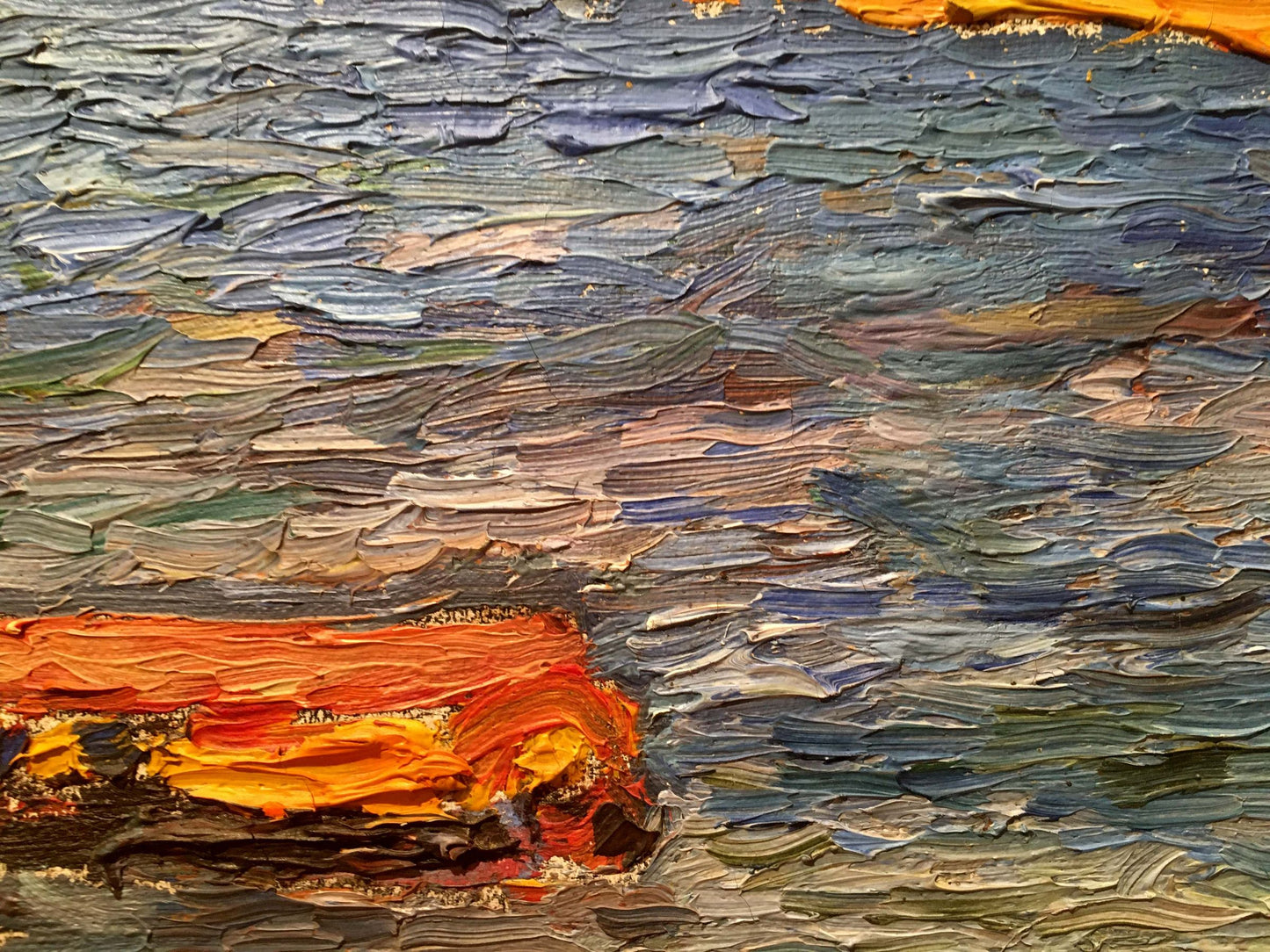 Oil painting of city landscape by Burlyuk D.D. with blue waves and orange boat