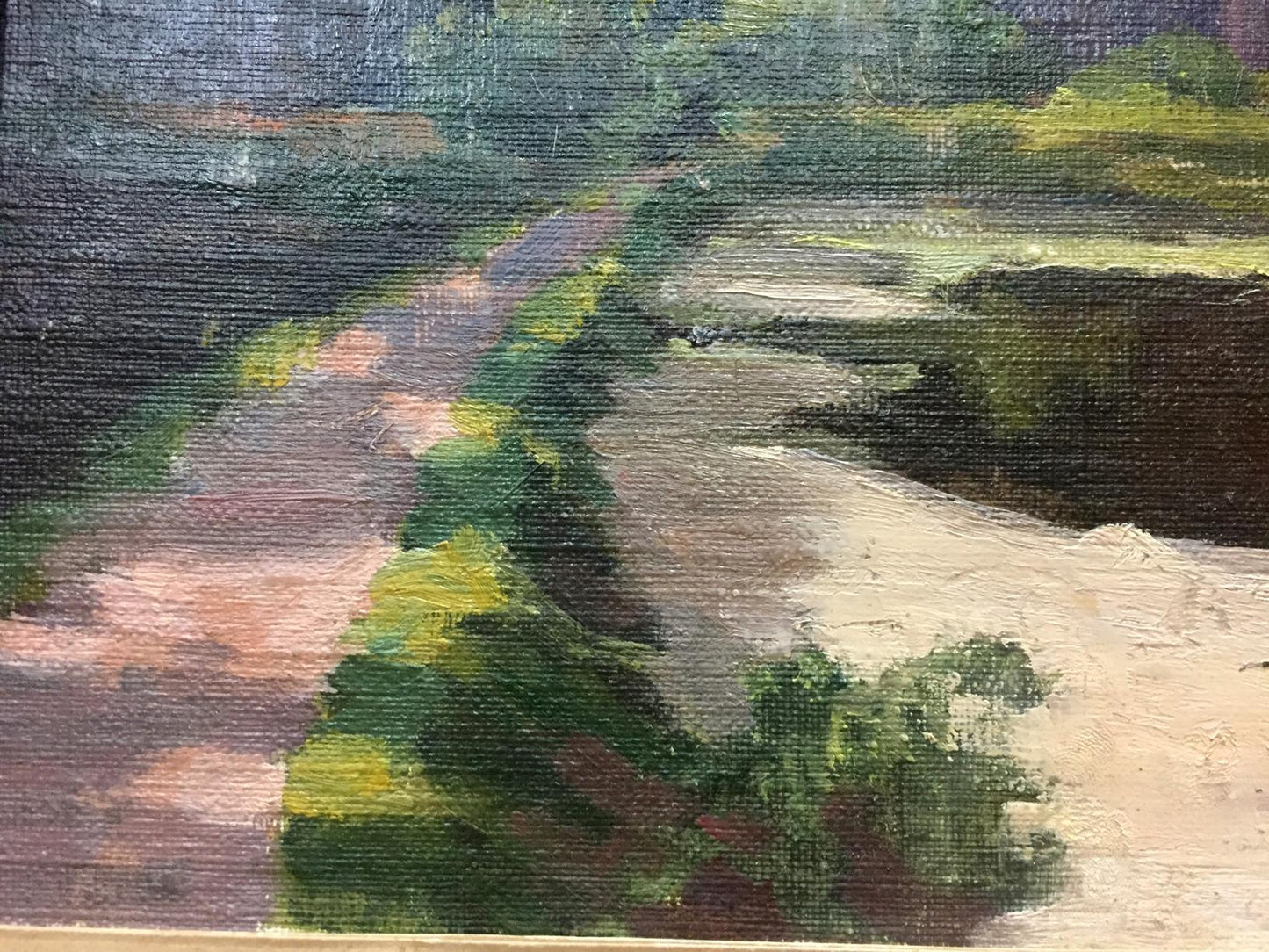 Oil painting of road along river and forest by unknown artist