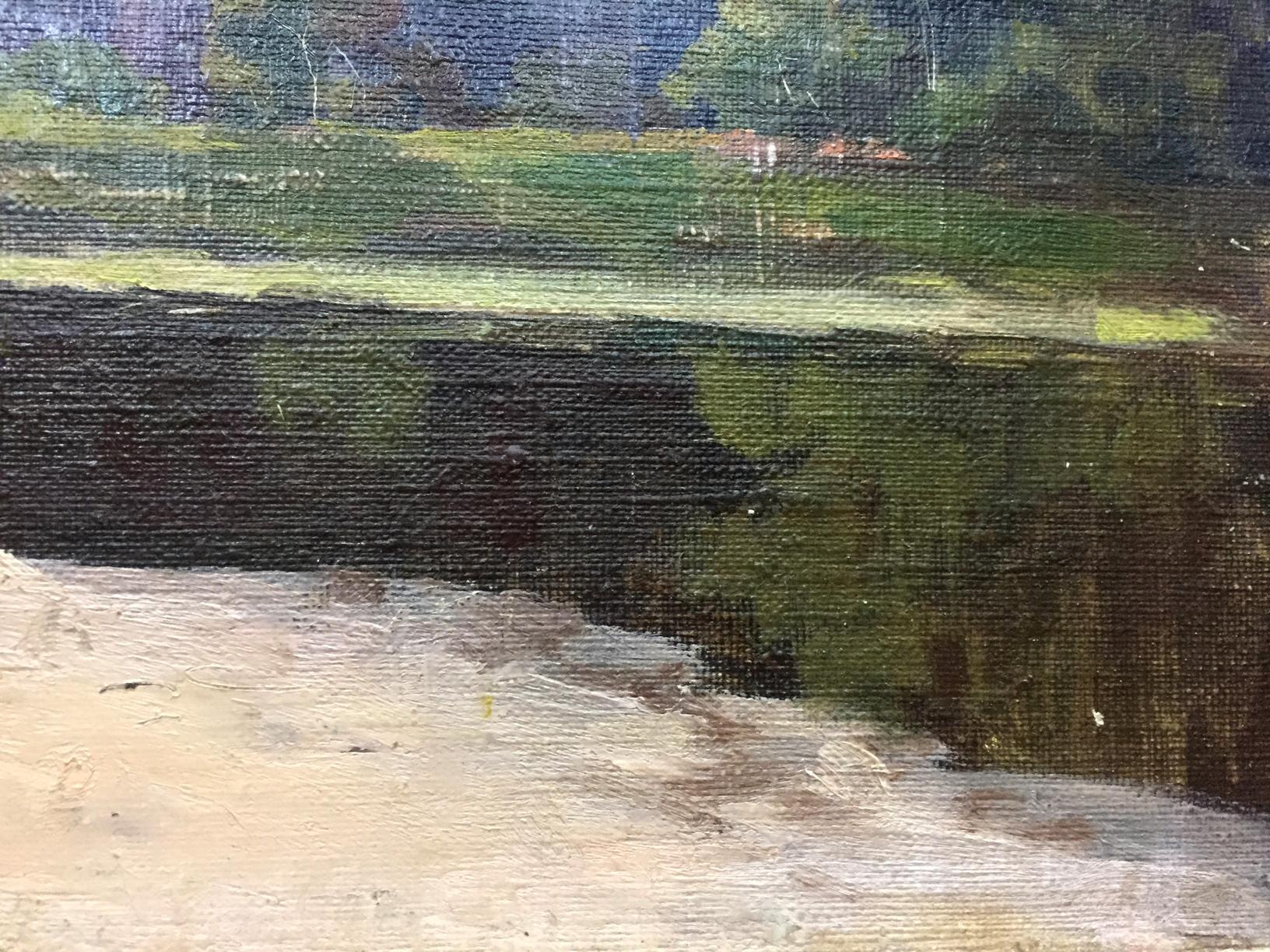 Oil painting of road along serene riverbank, forest, lush greenery, reflective water
