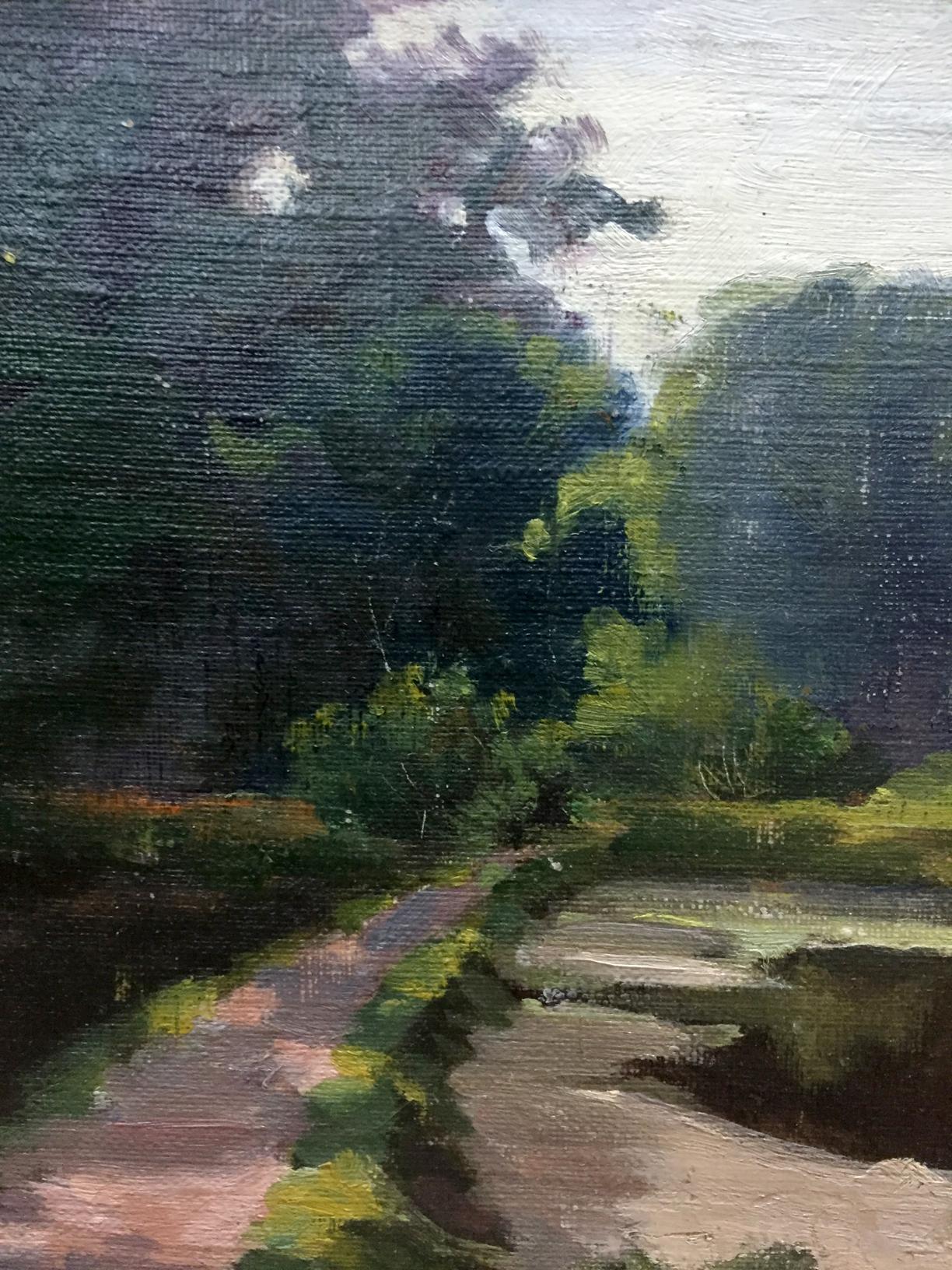 Oil painting of winding dirt road along river through lush forest under cloudy sky