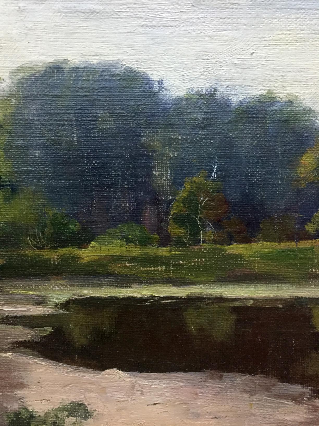 Textured oil painting of road along river, forest, trees, grassy banks, calm water