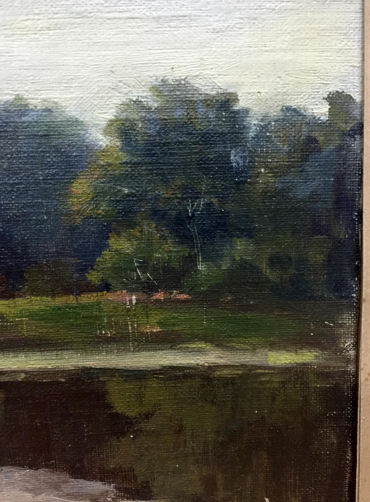 Serene oil painting of road along river, forest, lush trees on lakeside canvas