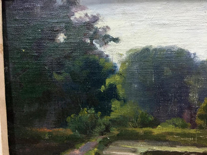 Textured oil painting of road along river and forest in deep greens and soft whites