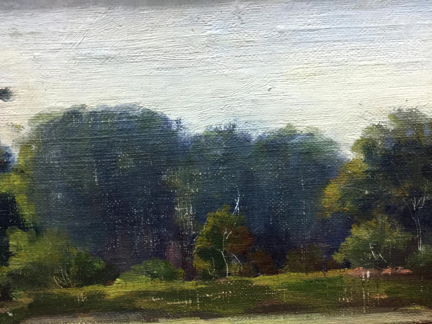 Textured oil painting of road along river, lush forest, serene sky