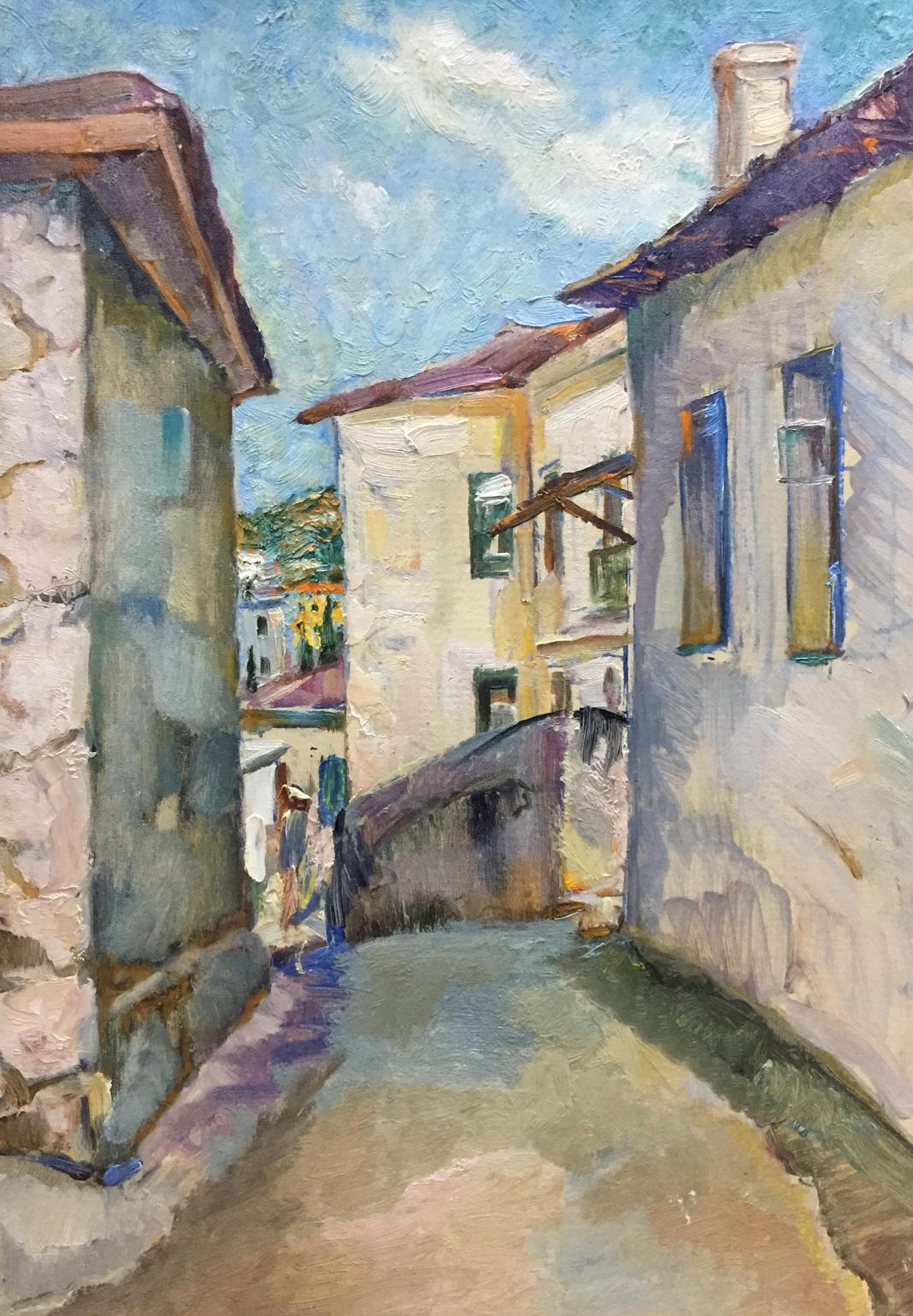 Oil painting by Viola Alekseevna Pushkareva: sunlit European alleyway