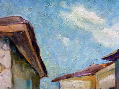 Oil painting by Viola Alekseevna Pushkareva: town streets rooflines under blue sky