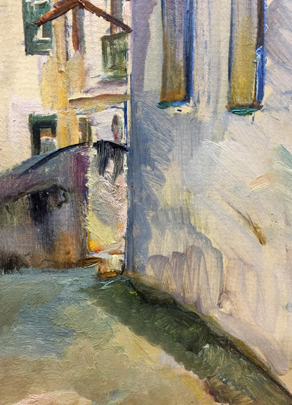 Oil painting of narrow canal by Viola Alekseevna Pushkareva