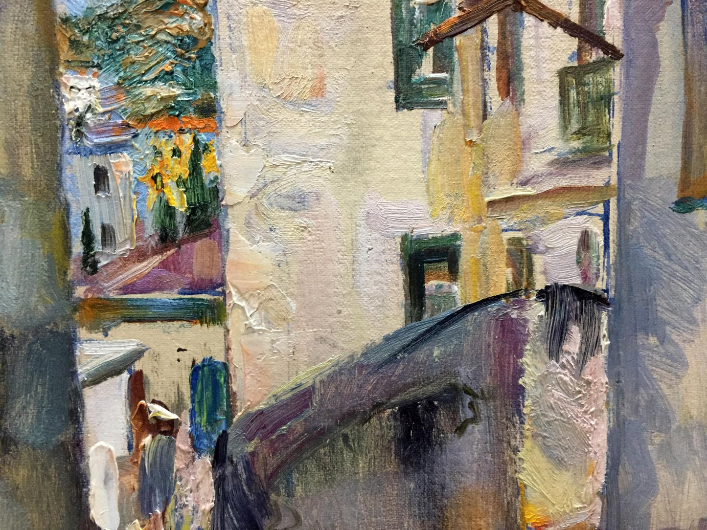Oil painting by Viola Alekseevna Pushkareva: sunlit European alleyway