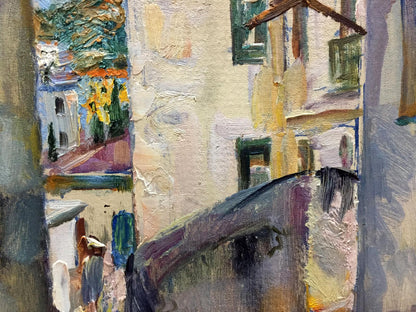 Oil painting by Viola Alekseevna Pushkareva: sunlit European alleyway