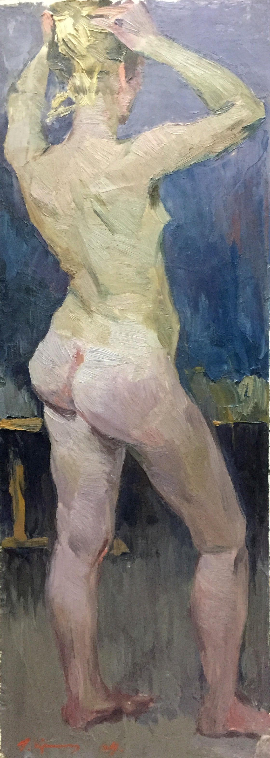 Oil painting of female figure with hands in hair by Krichevsky Gregory