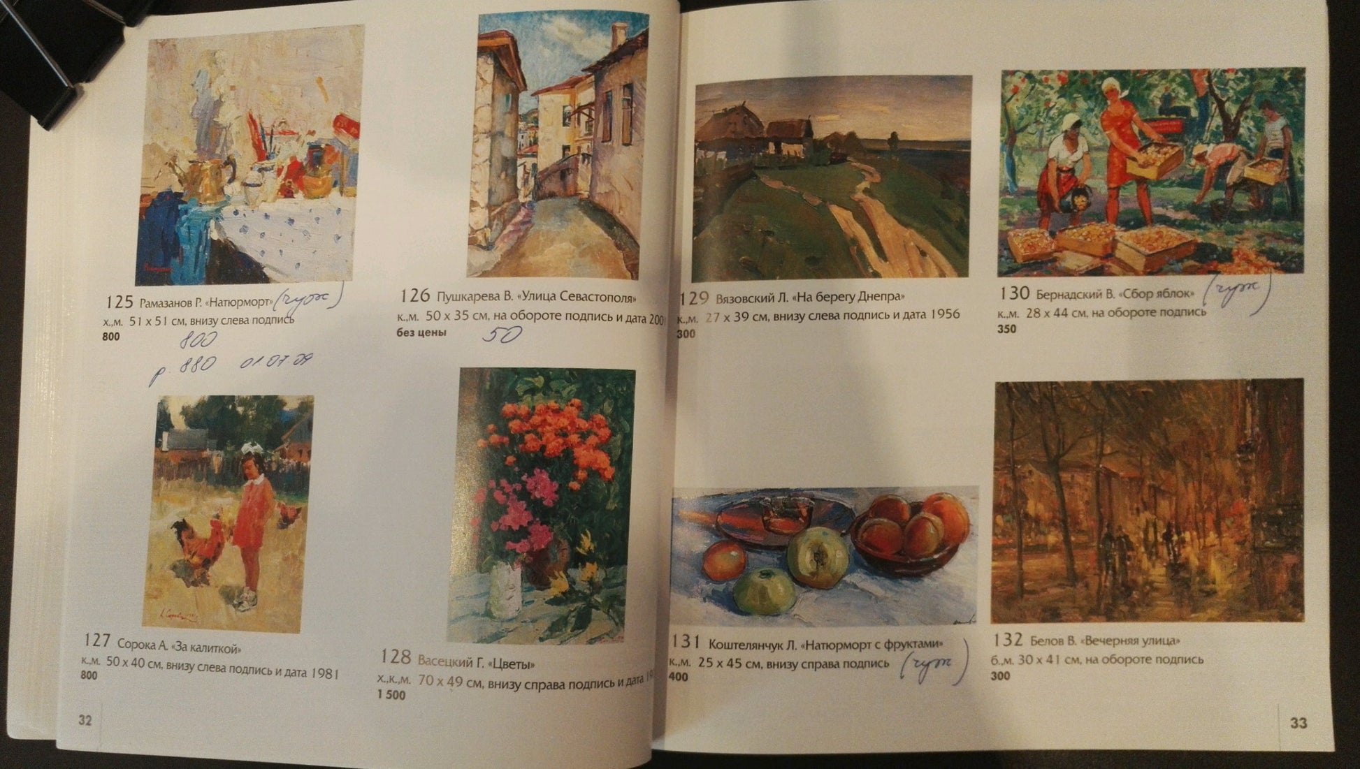 Open book of Viola Alekseevna Pushkareva colorful oil town street paintings with R. prices