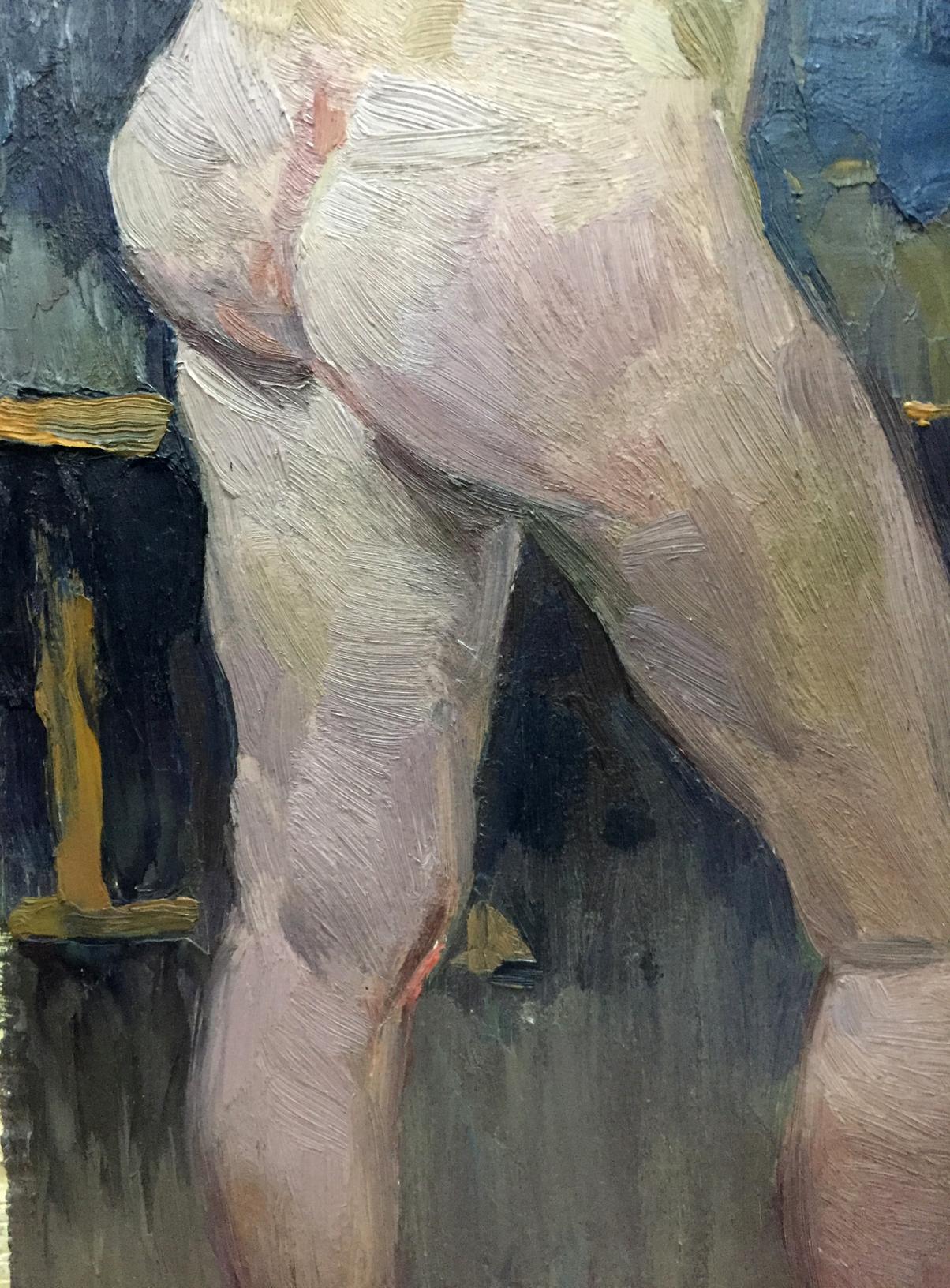 Oil painting by Krichevsky Gregory: textured figure back view in beige pink tones