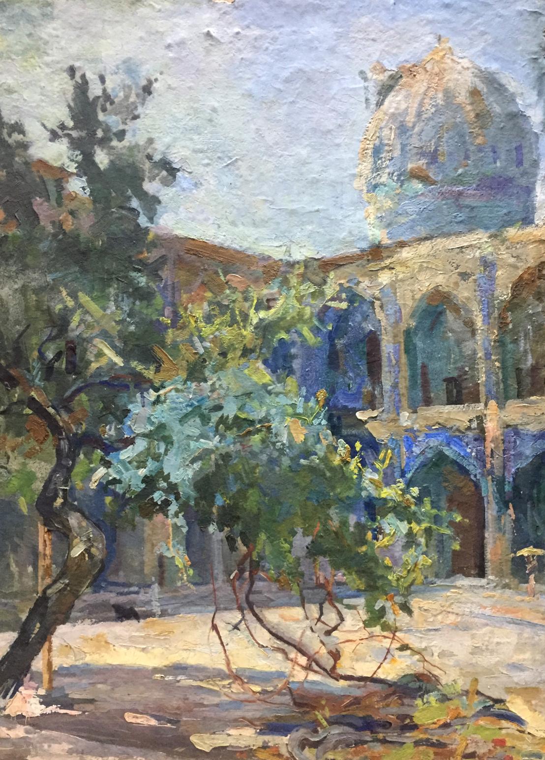 Vibrant blue domed Dreamers Yard oil painting by Puzyrevich Alexander Adamovich