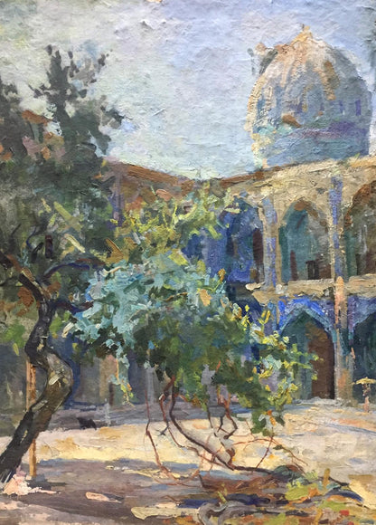 Vibrant blue domed Dreamers Yard oil painting by Puzyrevich Alexander Adamovich