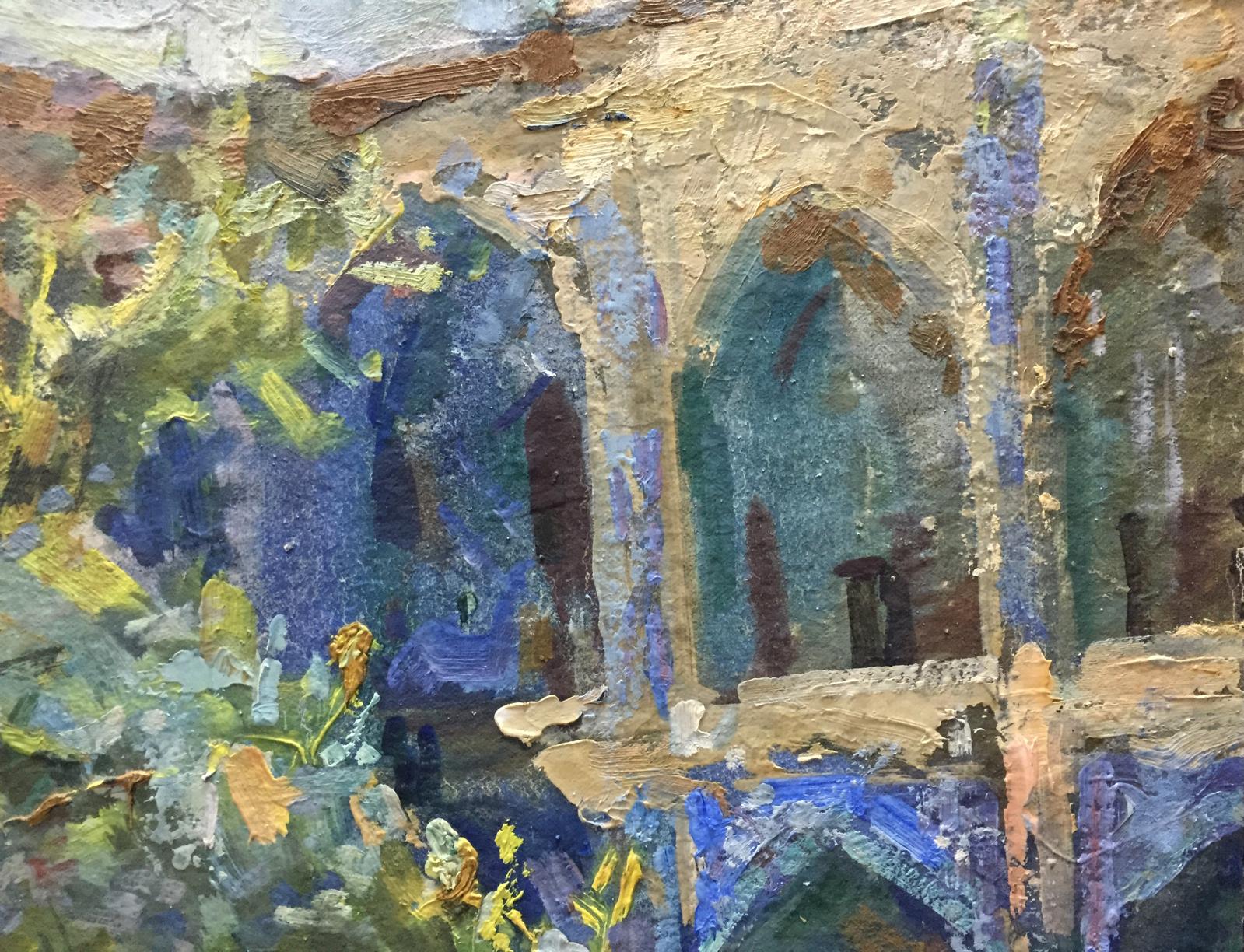 Oil painting Dreamer’s Yard by Puzyrevich Alexander Adamovich, textured blues and greens