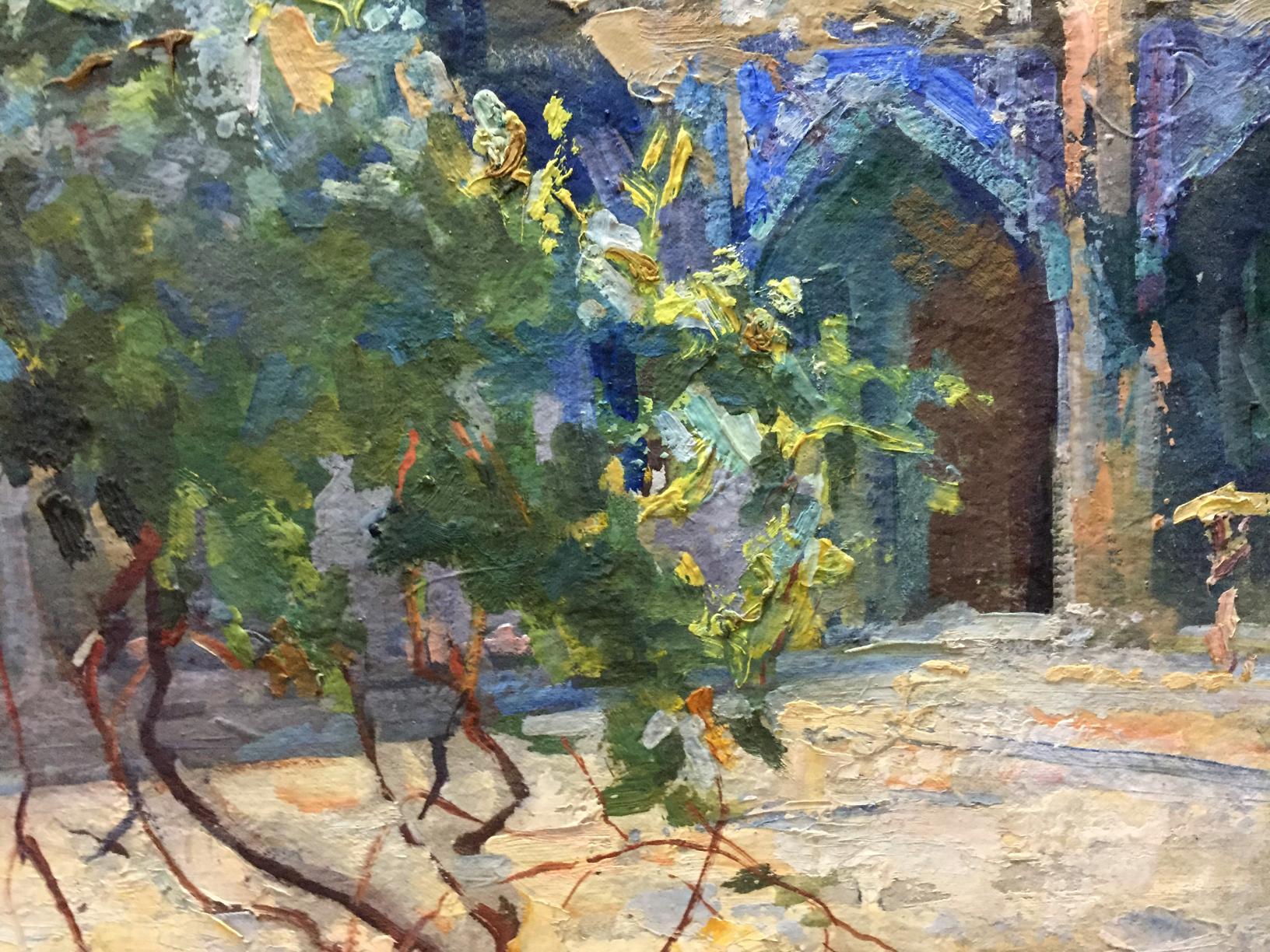 Oil painting Dreamer’s Yard by Puzyrevich Alexander Adamovich, lush green foliage and arched doorway