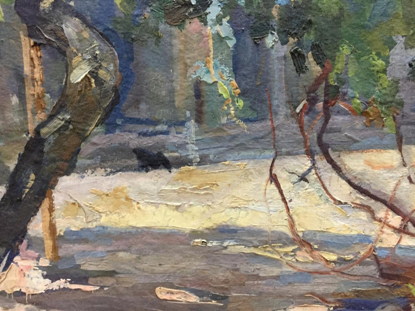 Oil painting Dreamer’s Yard by Puzyrevich Alexander Adamovich: textured tree trunk in forest